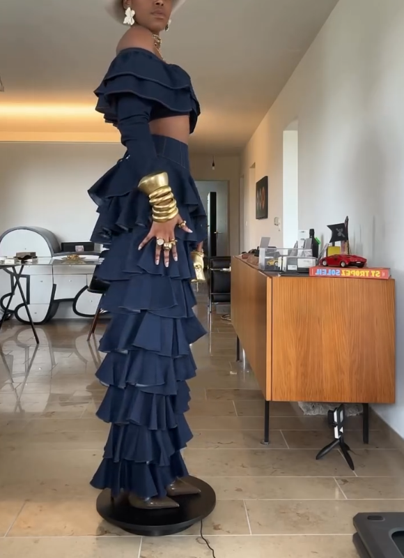 Chic Denim Ruffle Top & Pants Set