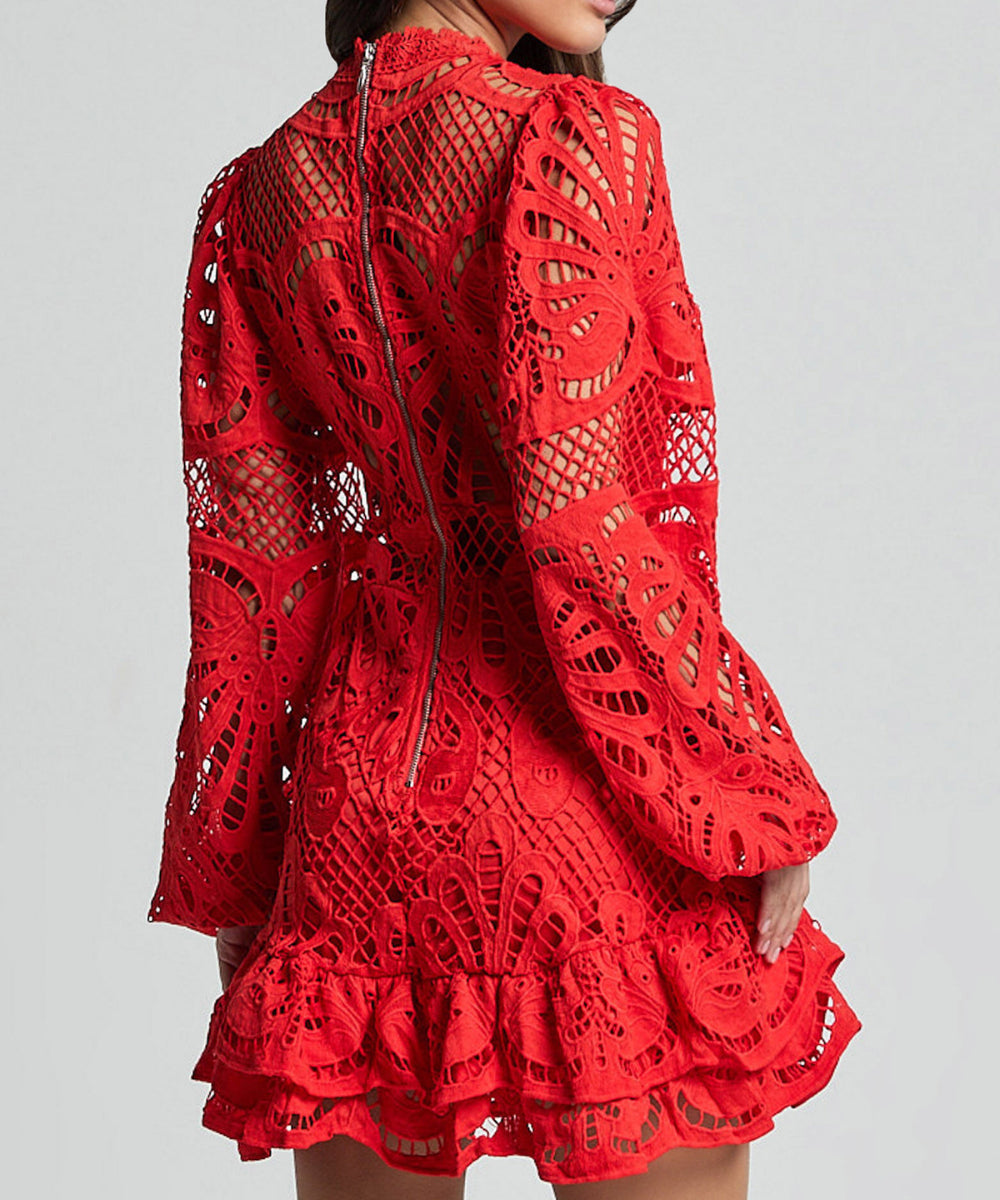 Ruffled hollow lace long-sleeved dress