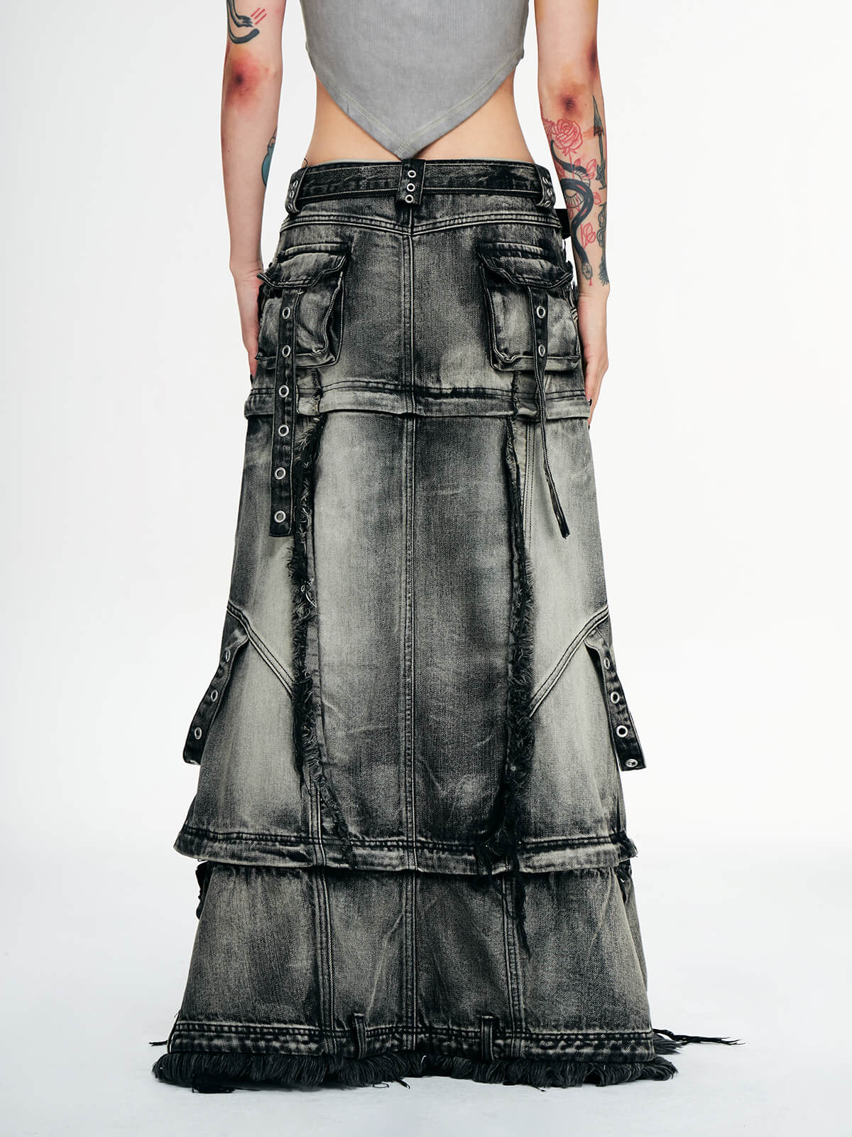 Zipper Pocket Faded Denim Maxi Skirt