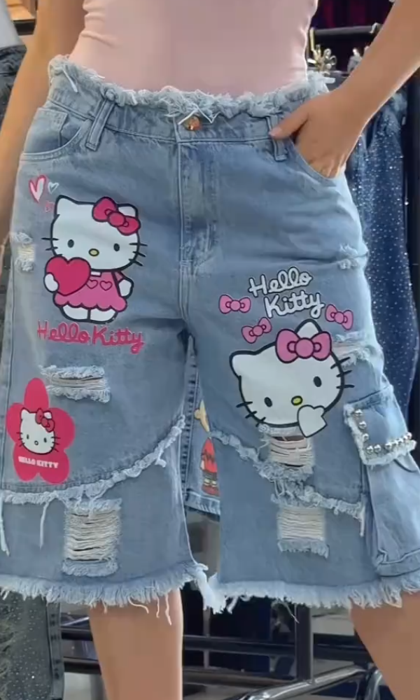 Hello Kitty Fringed Denim Shorts