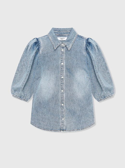 Denim Puff Sleeve Casual Shirt Top