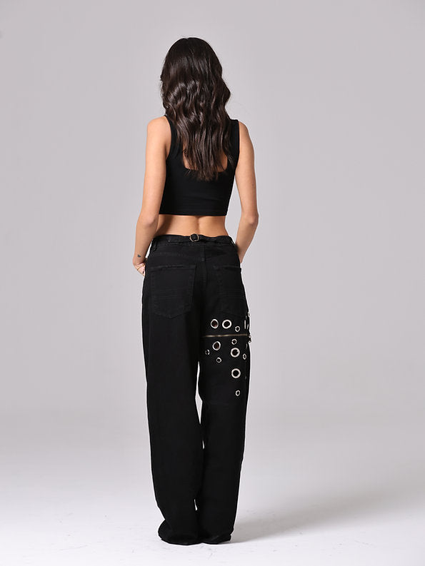 Hollow Ring Zipper Versatile Punk Jeans