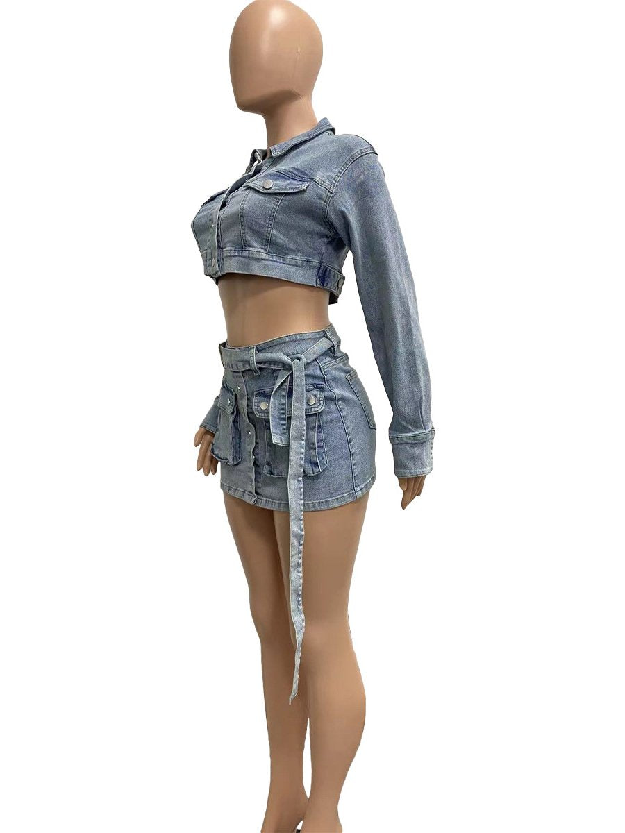 Denim Lace Up Pockets Skirt Set