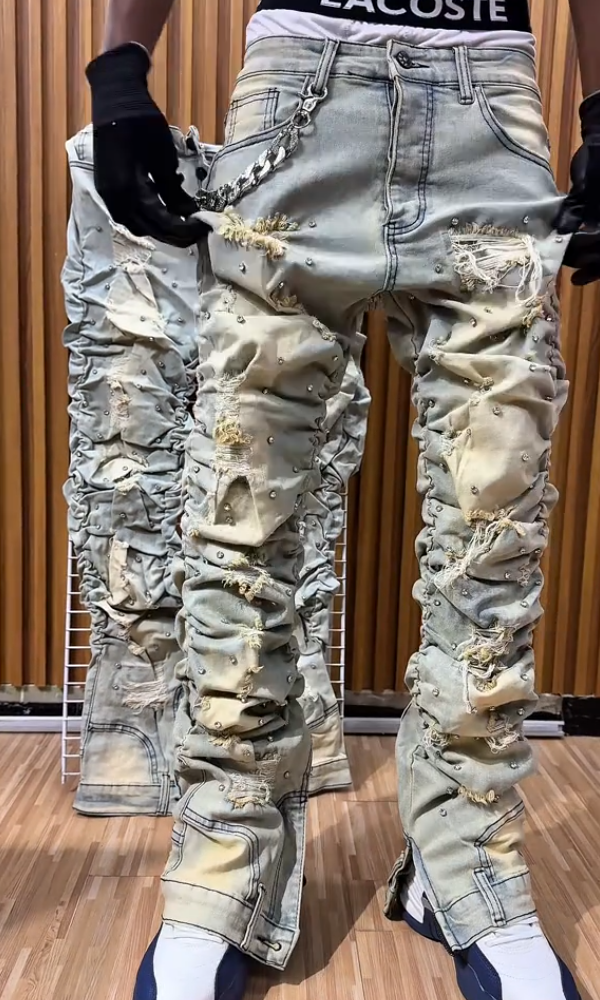 Men's Stylish Stacked Rhinestone Distressed Ripped Jeans