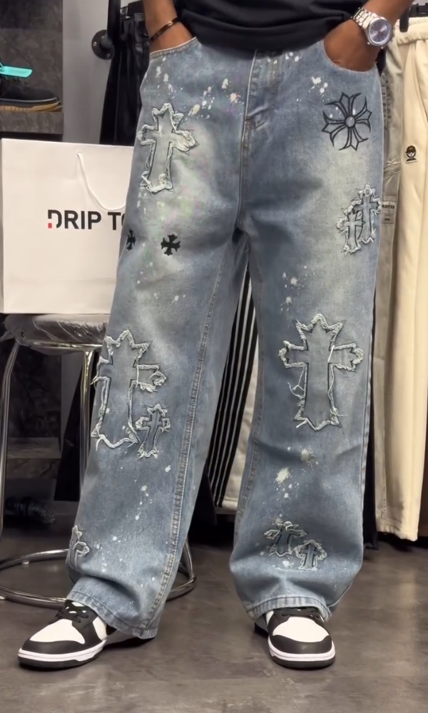 Cross-Embroidered Denim Jeans