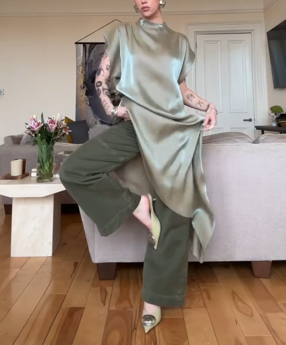 Asymmetric Cape Midi Silk Satin Dress