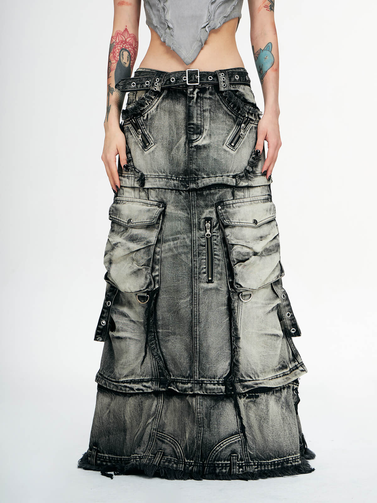 Zipper Pocket Faded Denim Maxi Skirt