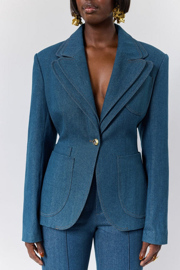 Open-back Fitted Denim Blazer & Trousers
