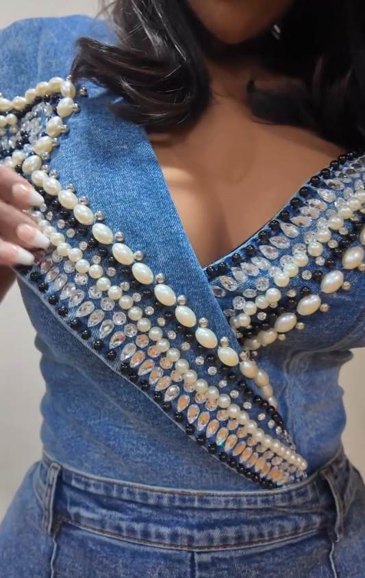 Pearl Rhinestone Top & Jeans Set