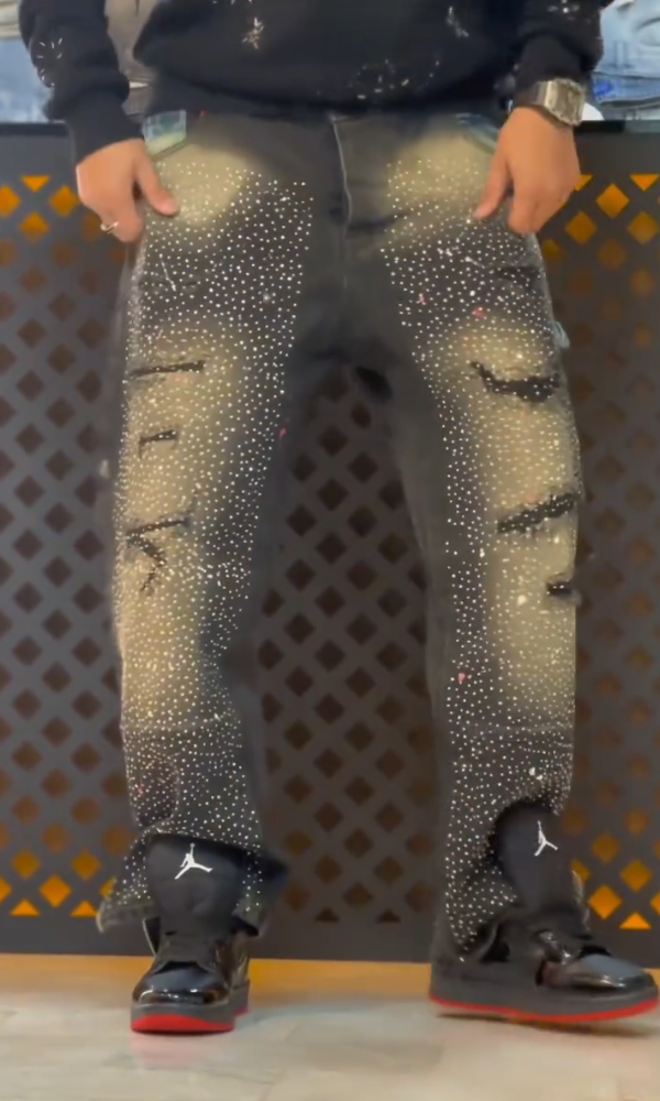 Side Zipper Casual Rhinestone Ripped Distressed Jeans