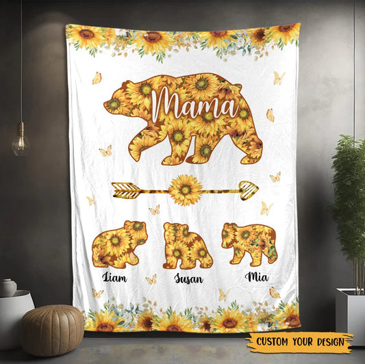 Custom Mama Bear Sunflower Blanket - Gift For Mother's Day