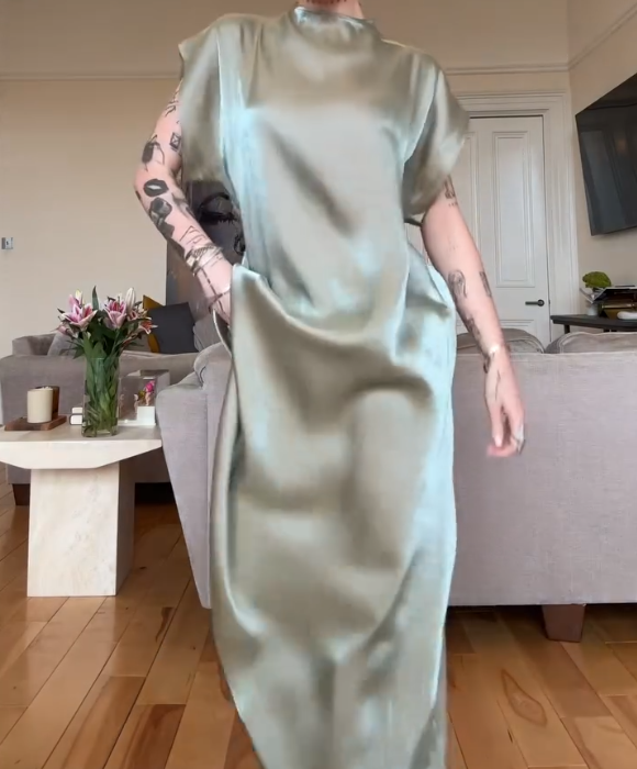 Asymmetric Cape Midi Silk Satin Dress