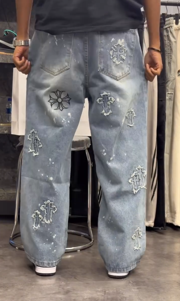 Cross-Embroidered Denim Jeans