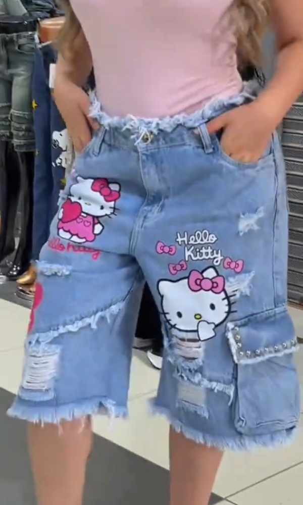 Hello Kitty Fringed Denim Shorts