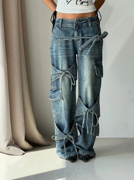 Vintage Casual Bow Lace-up Jeans