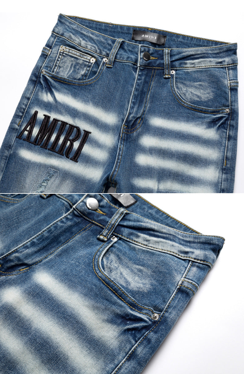 Coconut Tree Embroidered Ripped Casual Jeans