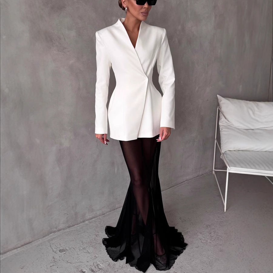 Long Sleeve Satin Comfort Blazer & Skirt