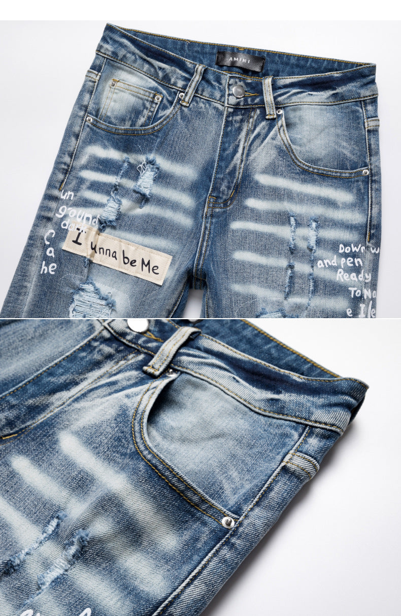 Retro Print Ripped Casual Jeans