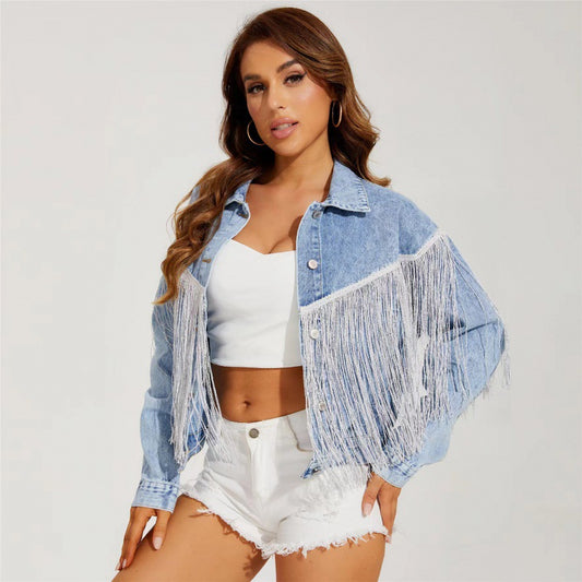Fringed lapel denim jacket