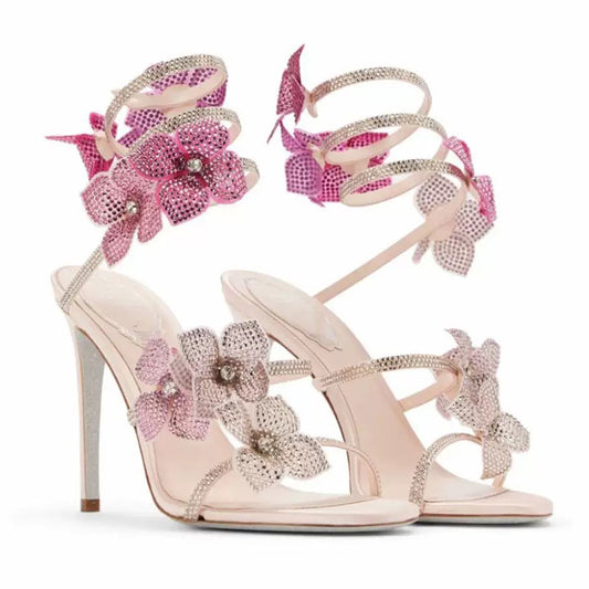 Glittery Flower Wrap High Heel Sandals