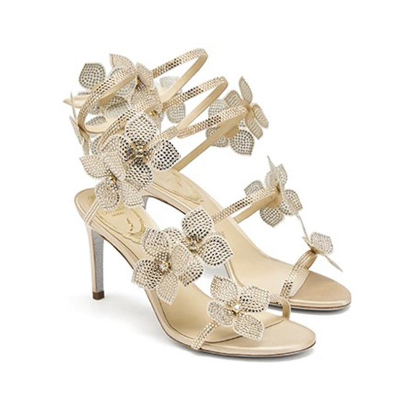 Glittery Flower Wrap High Heel Sandals