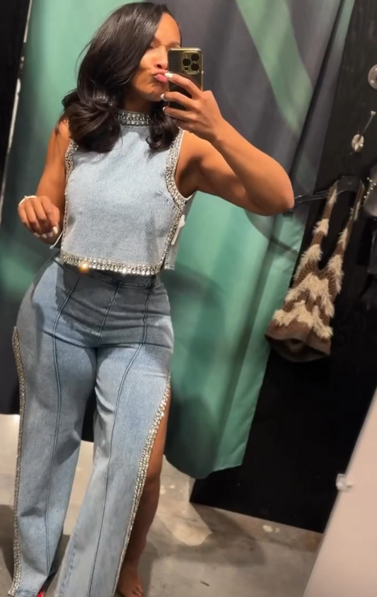 Sparkling Rhinestone Top & Jeans Set