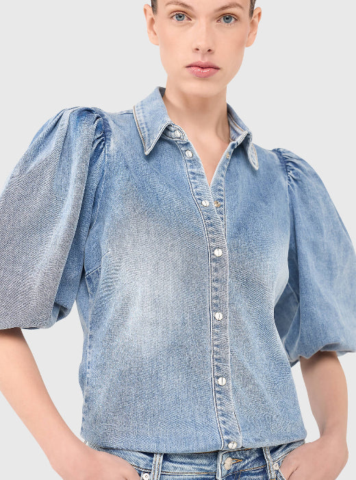 Denim Puff Sleeve Casual Shirt Top