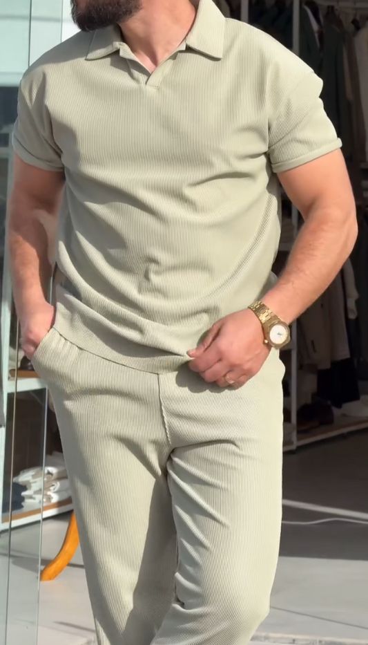 Ice Silk Draped Polo Short Sleeve & Pants Set