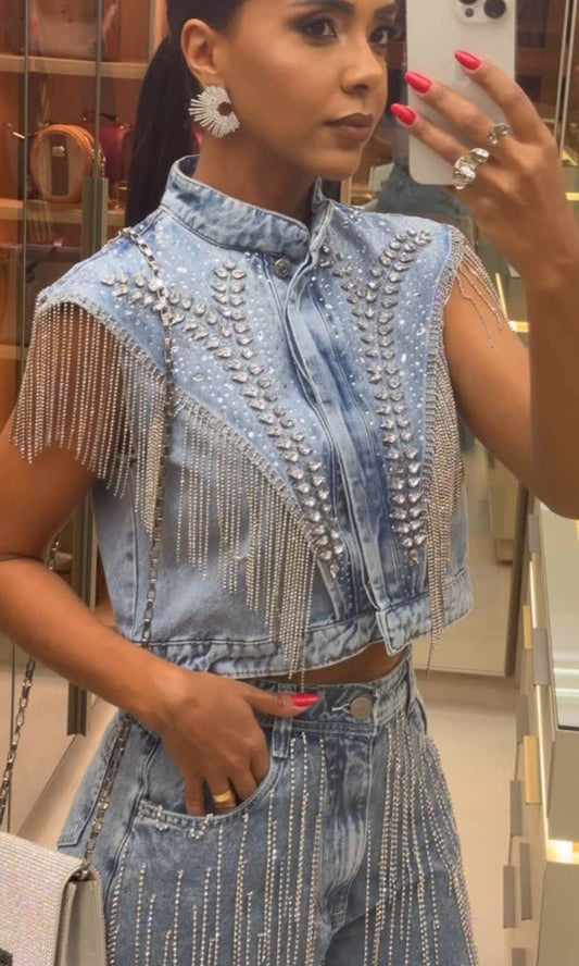 Shiny Tassel Denim Vest & Pants Set