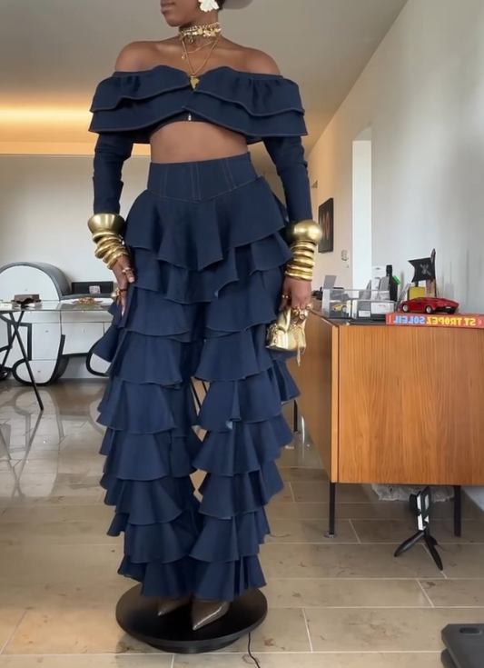 Chic Denim Ruffle Top & Pants Set