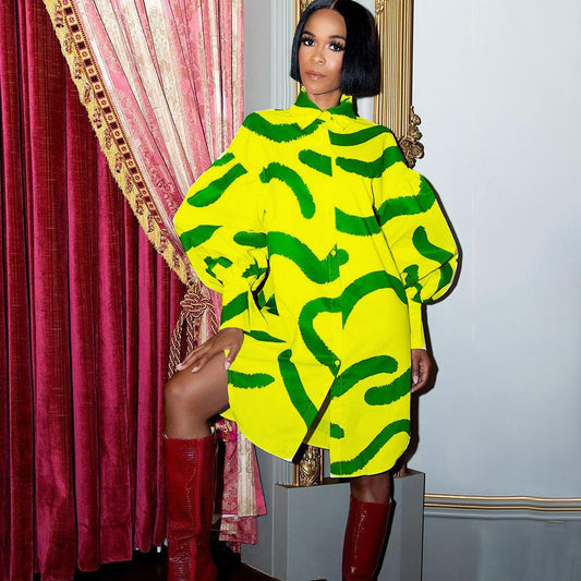 Lapel Lantern Sleeve Shirt Dress