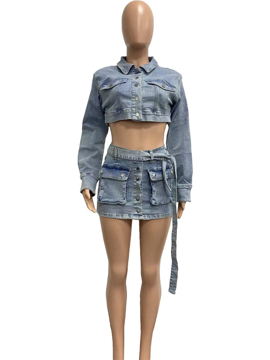 Denim Lace Up Pockets Skirt Set