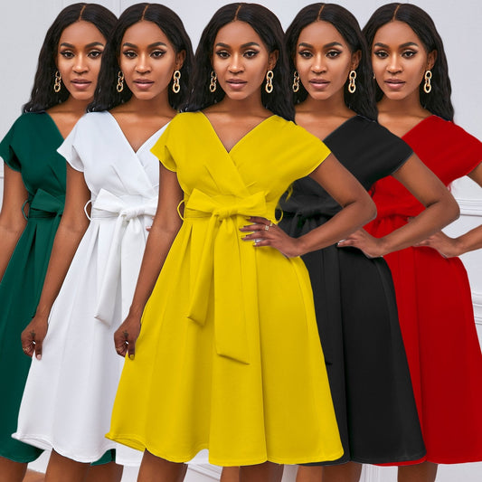 Solid Color Deep V-neck Sexy Dress