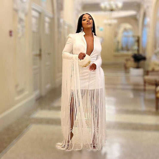 V-neck Long Sleeve Tassel Dress