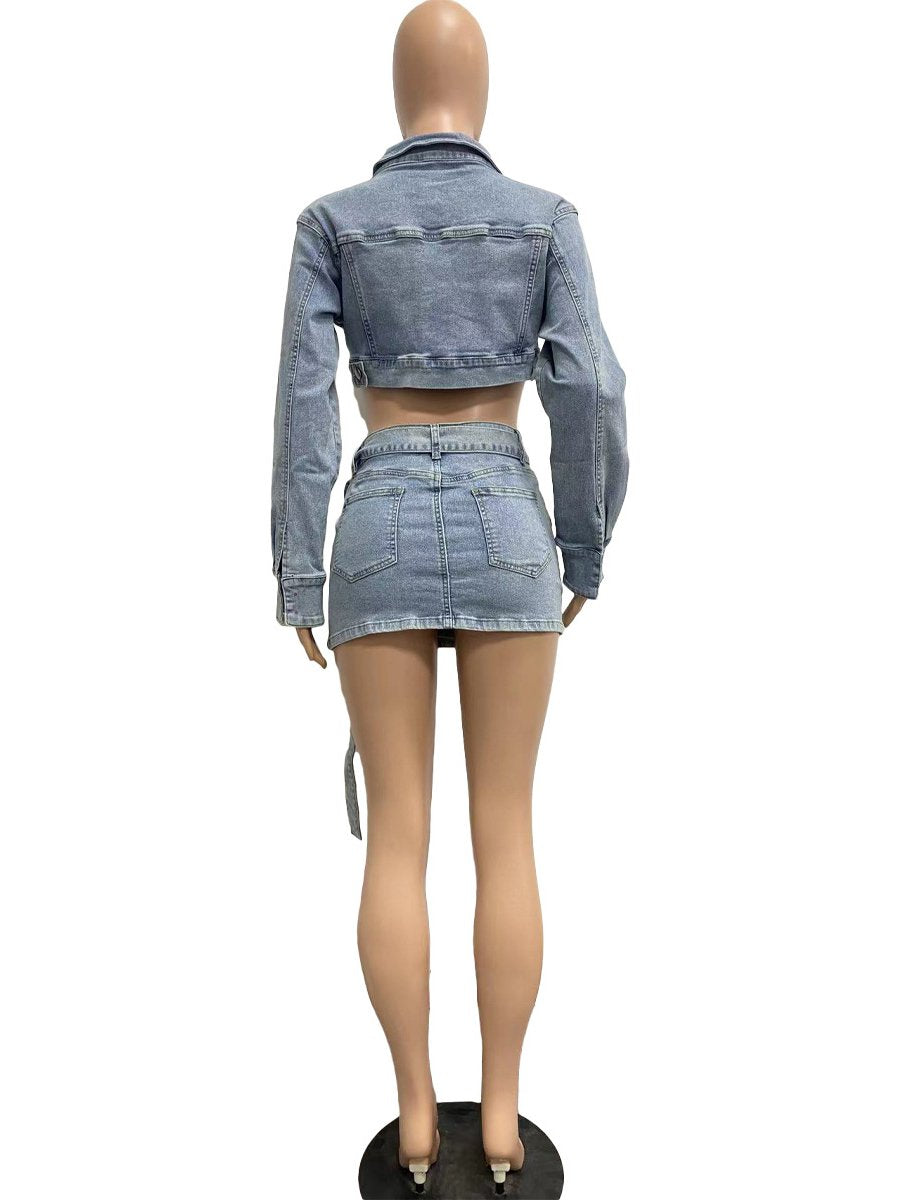 Denim Lace Up Pockets Skirt Set