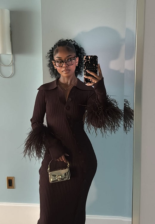 Cotton Knit Fit Button Feather Dress