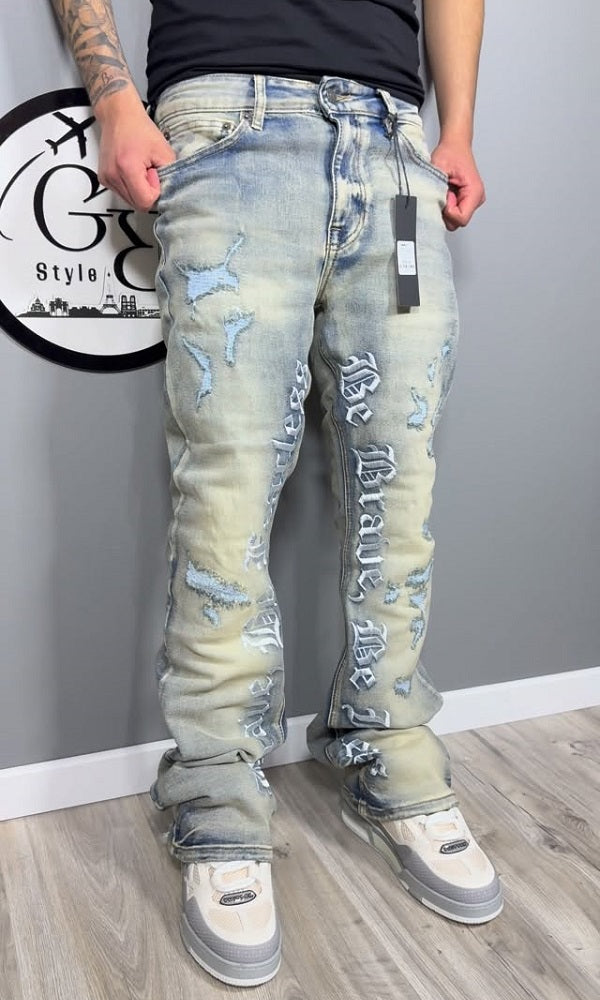 Embroidered "Brave and Fearless" Distressed Jeans