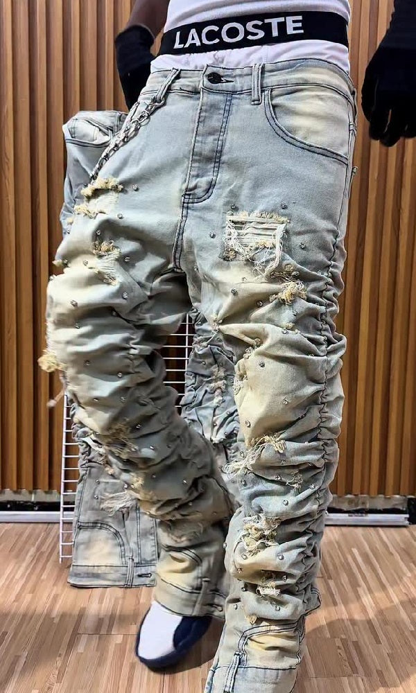 Men's Stylish Stacked Rhinestone Distressed Ripped Jeans